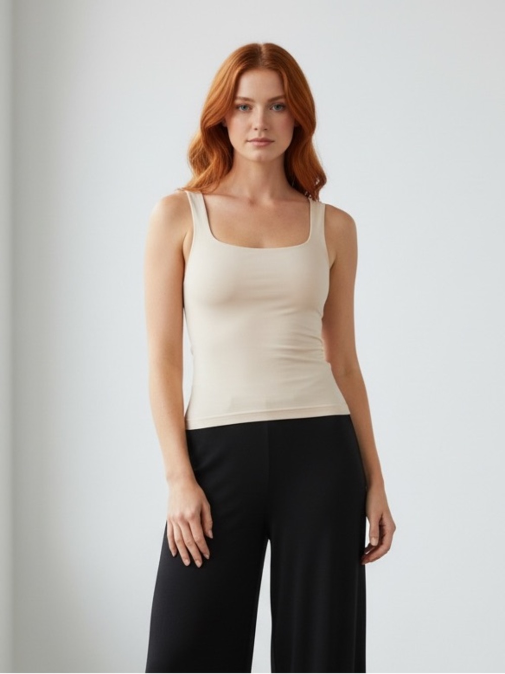 1241 • Warm Beige Double Thick Stretch Rounded Square Neck Tank Top